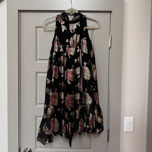 MAEVE NWT | Anthropologie Halter Shine Swing Mini Dress Black Gold Silver - Picture 5 of 13